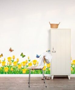Muursticker Gele Bloemen en Vlinders