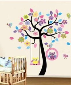 Muursticker Boom met Uilen op Schommel